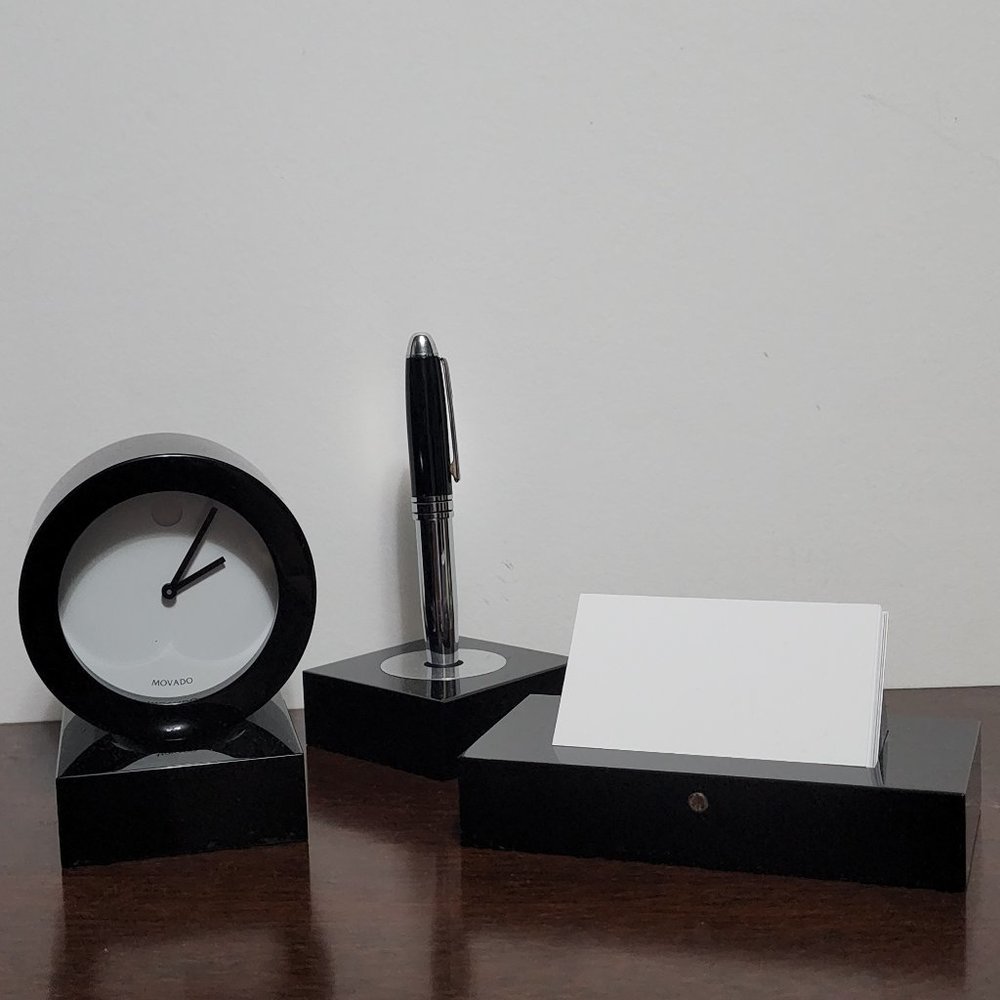Movado 3 Piece Executive Desk Set Clock, Pen w/ Stand and Business Card Holder